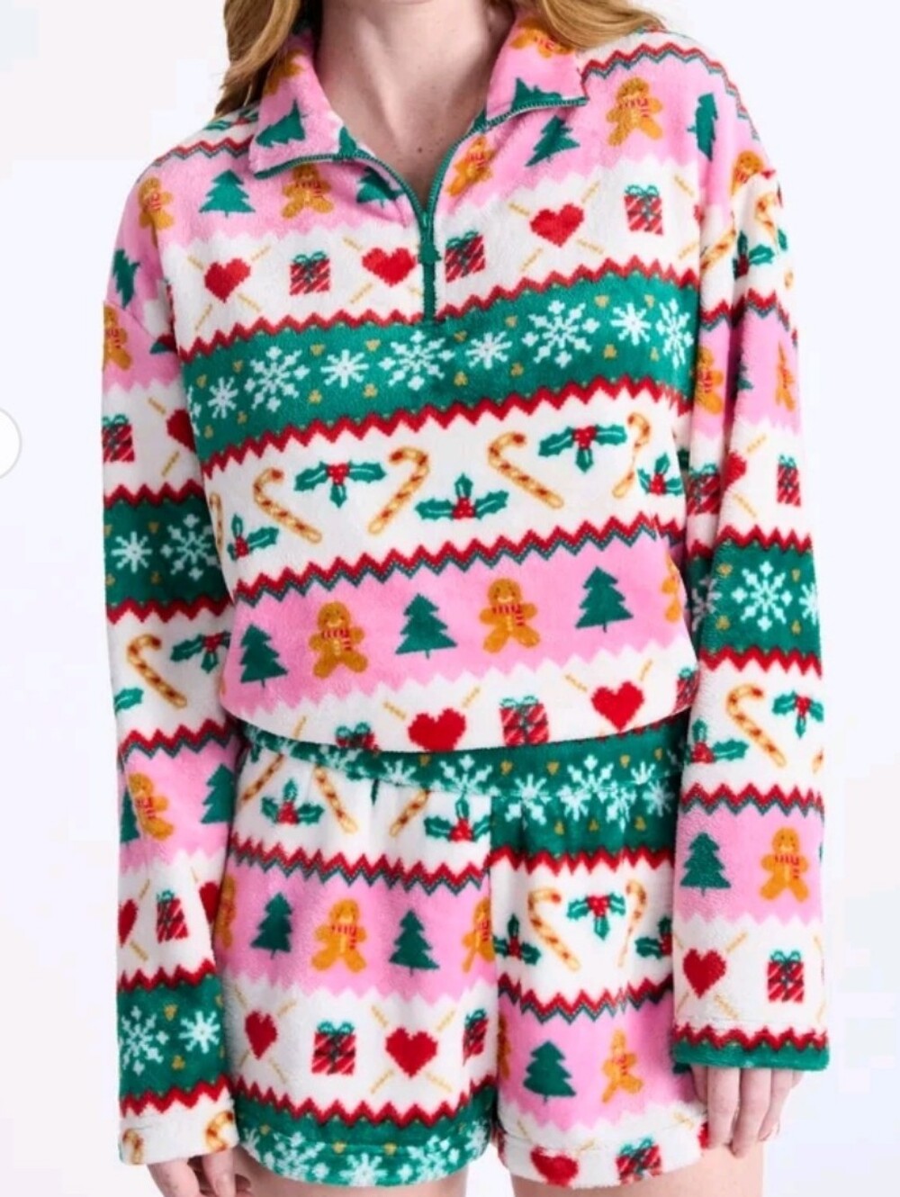 No Boundaries Pink & Green Holiday Fuzzy Pajama Set